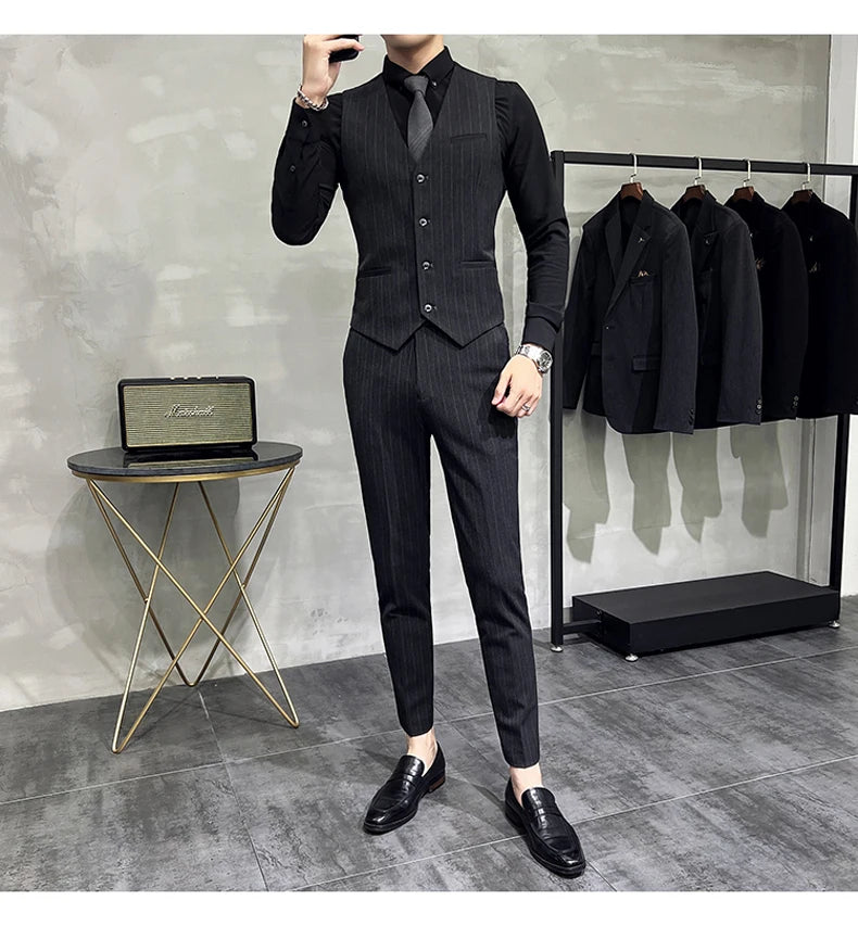 Slim Fit Double-breasted Striped Suit Vest Trousers 3-Piece Set Korean Fashion M-7XL Men's Fashionable Striped Three-piece Suit