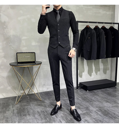 Slim Fit Double-breasted Striped Suit Vest Trousers 3-Piece Set Korean Fashion M-7XL Men's Fashionable Striped Three-piece Suit