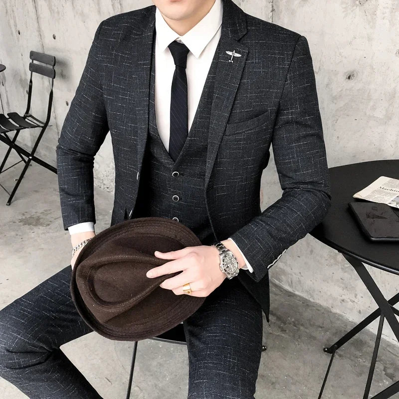 Suit New Style (Blazer+ Vest + Pants) Men's Fashion Business Outdoor Trend Striped Casual Slim-fit Wedding Host Gentleman's Suit