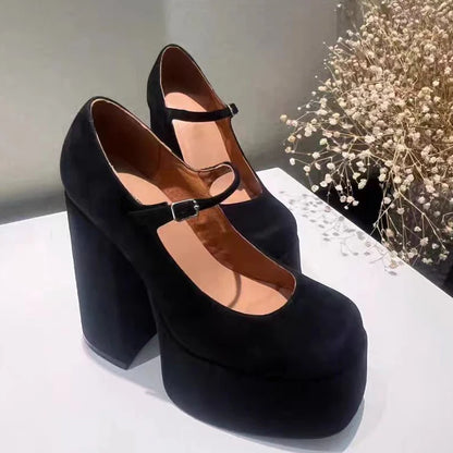 Women Heels Elegant Pumps Lady Shoes PU Leather Chunky Platform Punk Square Head Party Prom Sandals Fashion Outdoor Shoes Female