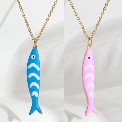 Cute Colorful Enamel Fish Pendant Necklaces For Women Girls Lovely Stainless Steel Gold Color Summer Waterproof Beach Jewelry