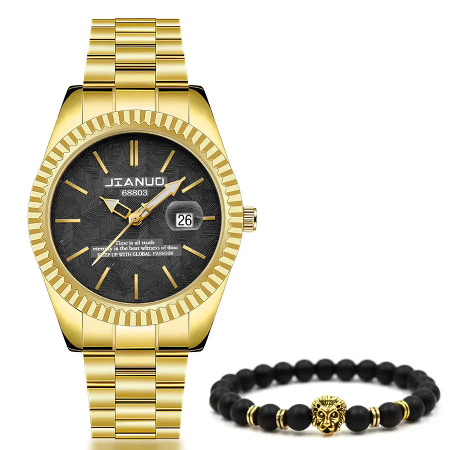 Luxury men's steel band watch calendar embossed atmosphere trend gold business quartz watch 2-piece set lion bracelet watch