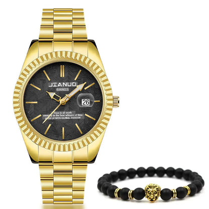 Luxury men's steel band watch calendar embossed atmosphere trend gold business quartz watch 2-piece set lion bracelet watch
