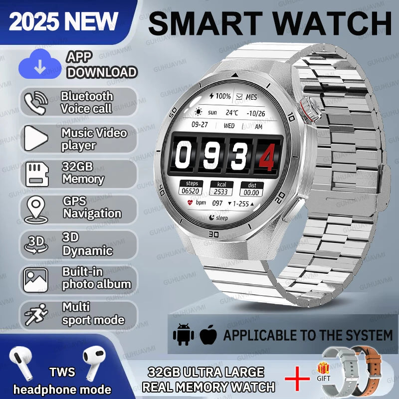 2025 NEW Fashion Men 32GB Big Memory SmartWatch APP Download TWS 3D Menu GPS Navigation Video Play Motion HD Call Watch GUHUAVMI