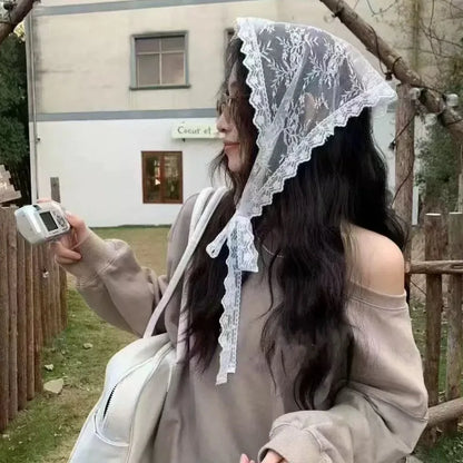 Lace Trim Bandana Triangle Scarf Delicate Ins Ruffled Lace Hair Scarf 2-in-1 Head Band Waist Accessory for Y2K Outfits Headscarf