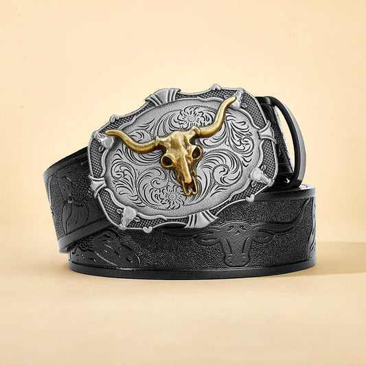 Men's Vintage Western Cowboy Leather Belt - Men Waist Straps Long Horn Bull Head Buckle Embossed Floral Engraved for Jeans