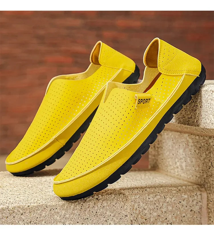 Yellow Breathable Men Loafers Slip On Casual Shoes Summer Hollow Out Driving Moccasins Plus Size 45 Soft Non-slip Flats Footwear
