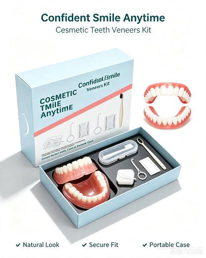 Silicone denture set, ivory colored dentures, instantly burst into a confident smile, comes with a toothbrush and tweezers