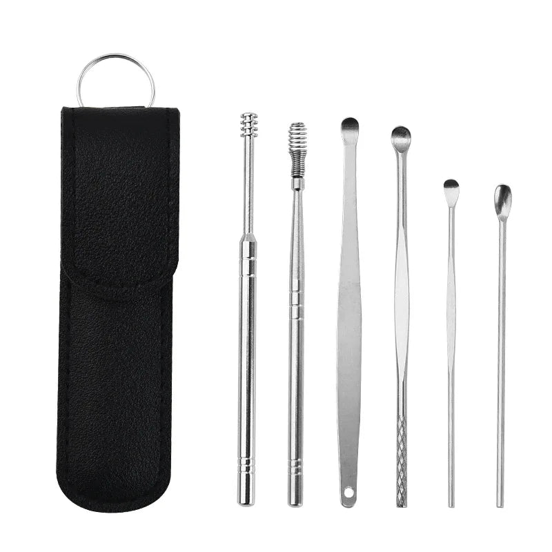 Ear Cleaning Tool Stainless Steel Ear Pick Kit &1 Set Storage Bag Earwax Remover Tool Earpick Wax Remover Remover Piercing Kit