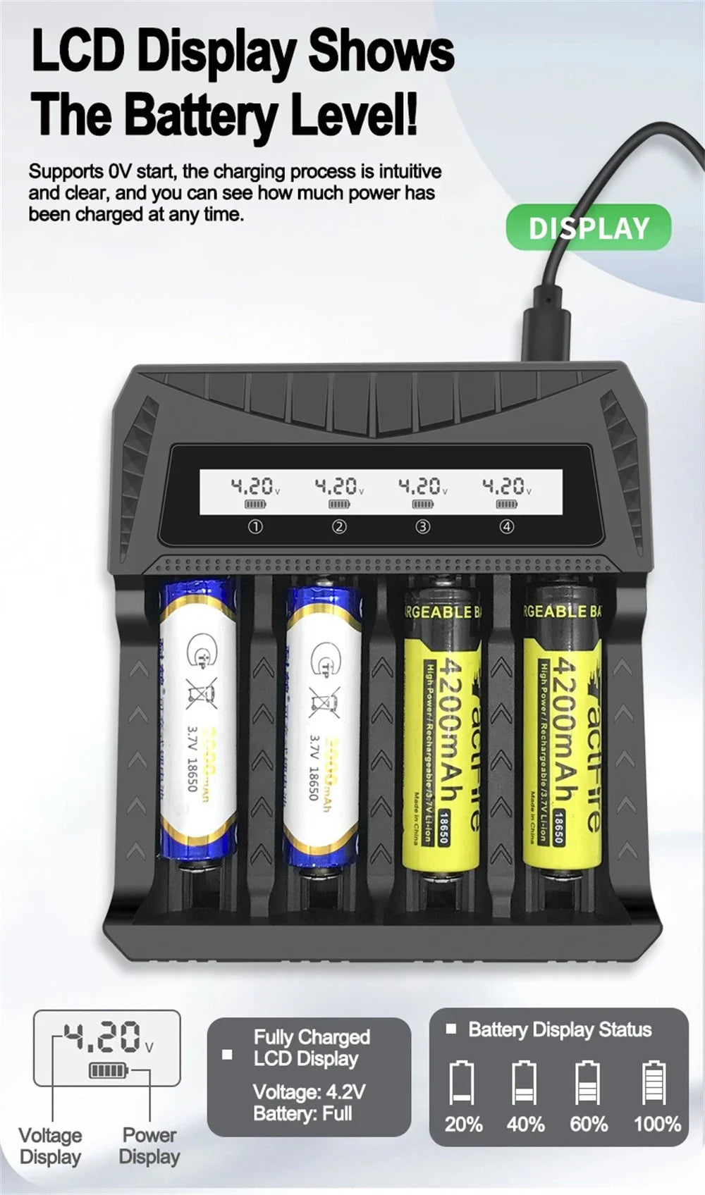Intelligent LCD Battery USB Charger - 1/2/4 Slots for 18650 4.2V Li-ion & 1.2V Ni-MH AA/AAA Rechargeable Batteries