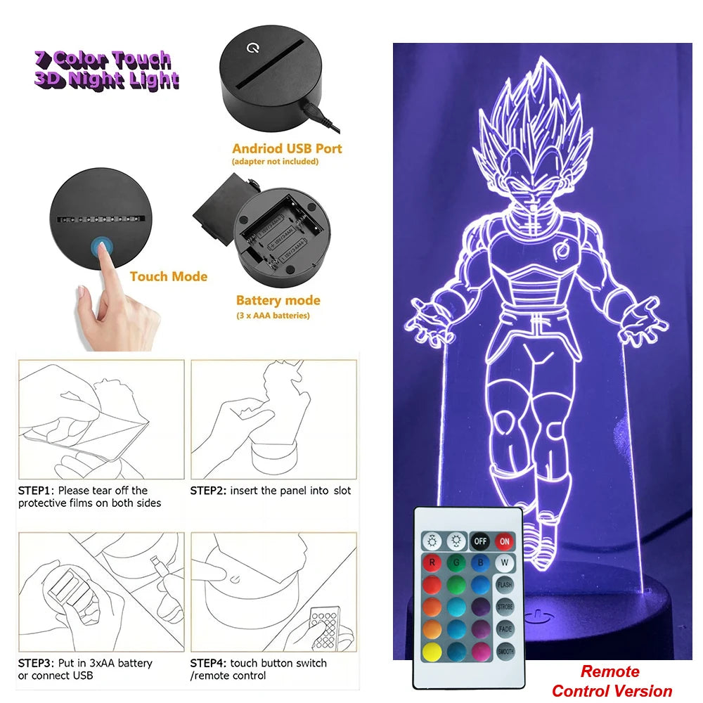 Dragon Ball Z Anime Figures Goku Vegeta Gohan Broly 3D Lamp PVC Action Figures Toys for Children Trunks Buu Super Saiyan Gifts