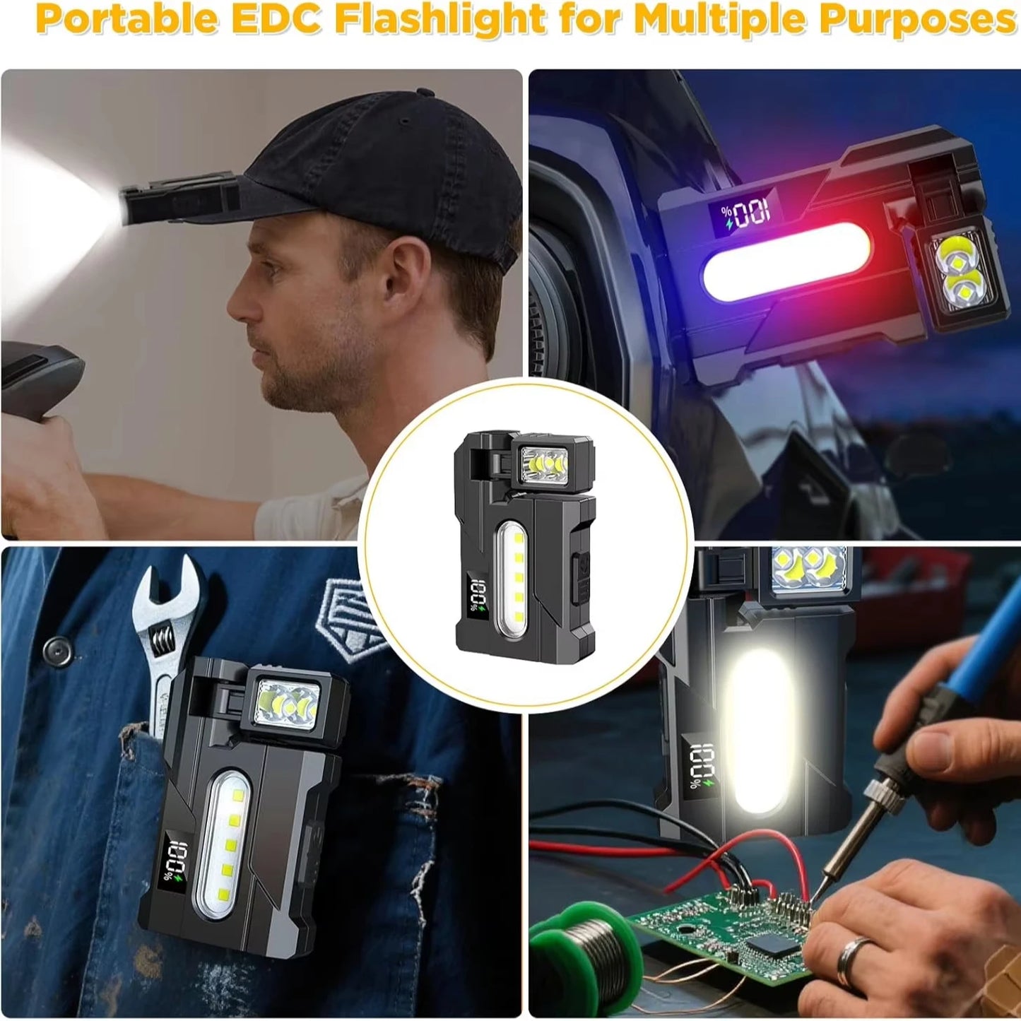 COB+XPE Dual Light Flashlight, 1200LM Adjustable Head with Magne t& Clip,USB Rechargeable Mini Work Light for Camping Hiking EDC