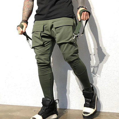 Men Running Stretch Tights Sweatpants Sports Absorbing Breathable Fitness Casual Cotton Multi Pocket Pants Slim Leggings