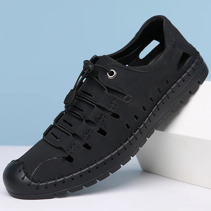 Men's Summer New Hollow out Breathable Leather Sandals Outdoor Anti-Slip Soft Bottom Casual Cover Toe Slip-On Shoes-8025