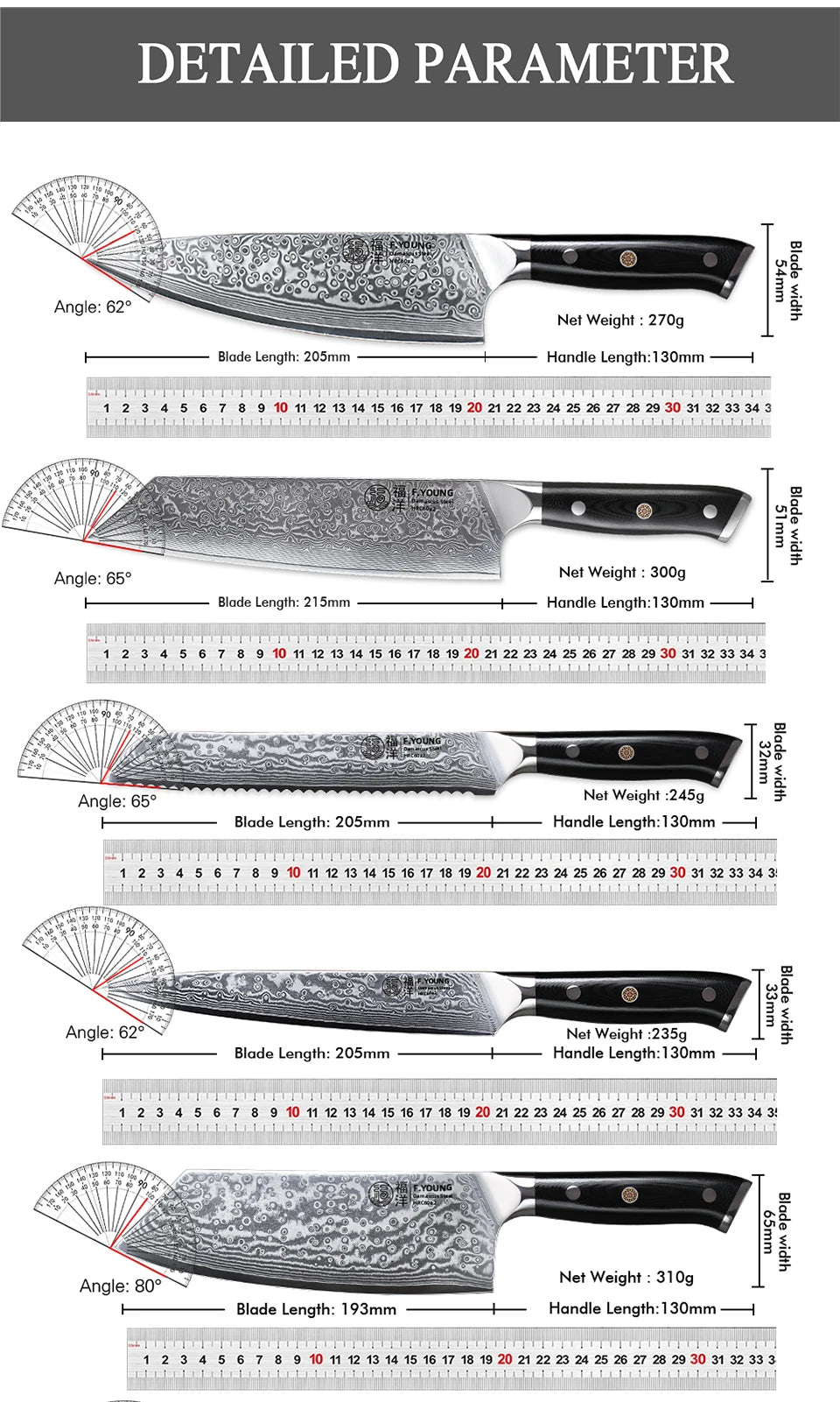 F.YOUNG Professional Kitchen Knives Damascus Steel Japanese Chef Knife Slicer Sashimi Utility Fruit Cooking Kitchenware Utensils