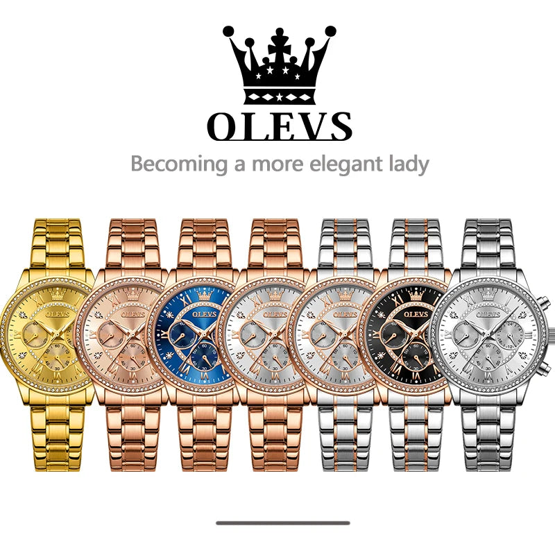 OLEVS Women's Watches Top Brand Luxury Original Quartz Watch for Ladies Chronograph Waterproof Luminous Rhinestone Dial 24 Hour