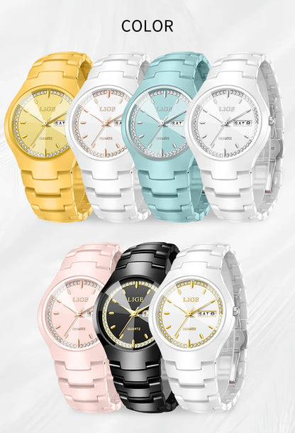 LIGE Women's wristwatch elegant women's watch ceramic quartz waterproof clock week calendar fashion Watch for Women reloj mujer