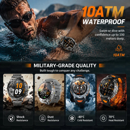 1400mAh Large Battery Military Smart Watch Men 1.7"HD Bluetooth Call 10ATM Waterproof LED Flash SOS Health Monitor Sport Watches