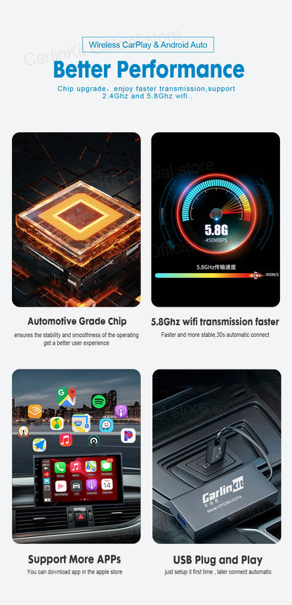 CarlinKit USB Wired/Wireless CarPlay Adapter Wireless Android Auto AI Box Mirrorlink Bluetooth Auto Connect For Android Car Radio For Youtube Netflix Google Map Android Aftermarket Car Screen