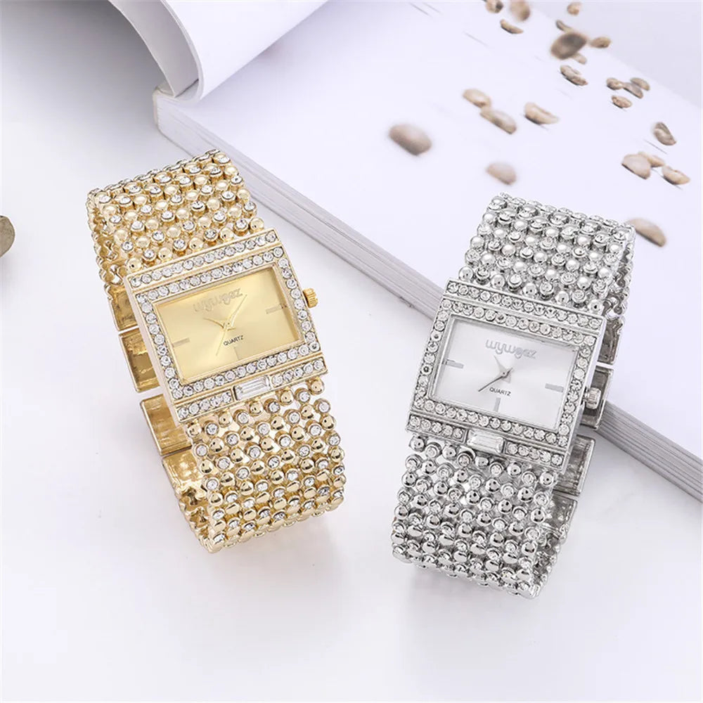Luxury Simple Square Diamond Encrusted Women's Quartz Watch Gold Skeleton Fashion Women's Clock Gift Dress Wristwatch