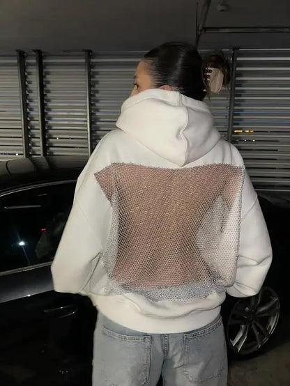 Russias Hot Selling Sexy Backless Sparkling Rhinestone Mesh Hoodie Y2K Womens Harajuku Fashion Oversized Hoodie Pullover Tops