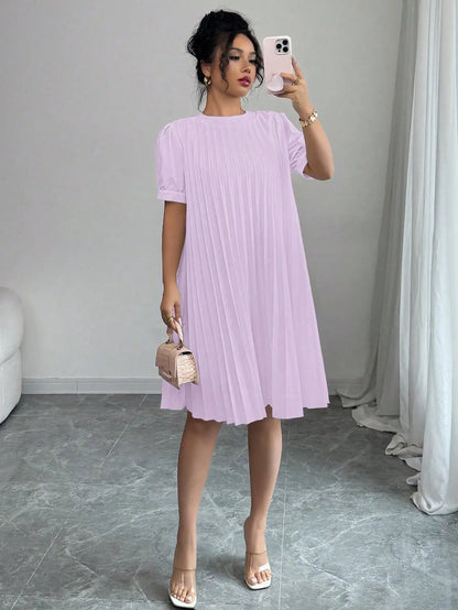Women's Pure-Color Pleated Puff Sleeve Midi Dress - Elegant Round Neck Loose A-Line Swing Dress for Office, Casual Daily Holiday