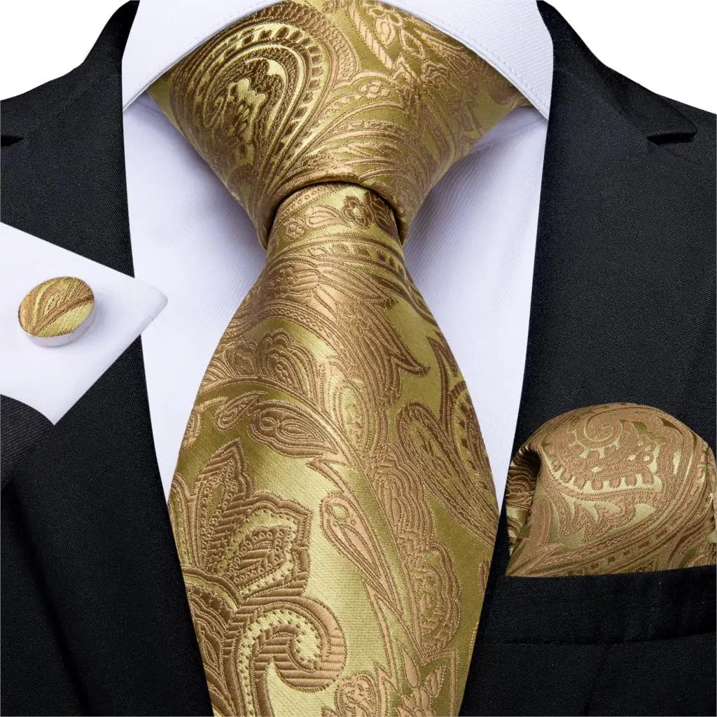 Fashion Men Tie Luxury Gold Black Dot Striped Paisley Silk Wedding Tie For Men DiBanGu Designer Hanky Cufflinks Gift Tie Set