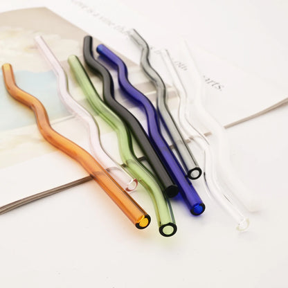 4pcs 200*8mm Glass Straws Wavy Colorful Drinking Straw Set with Brush High Borosilicate Glass Straw Kitchen Party Bar Drinkware