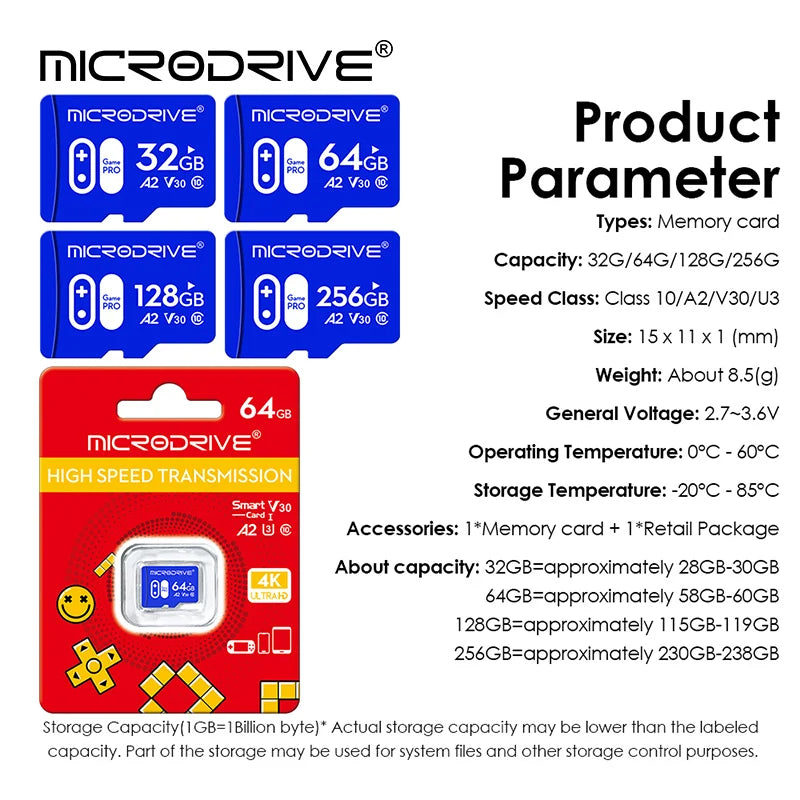 V30 U3 High Speed Memory Card 32GB 64GB 128G 256GB Flash UHS-3 Micro Mini SD Card For 4K Camera / TV / Nintendo Game / Gopro UAV
