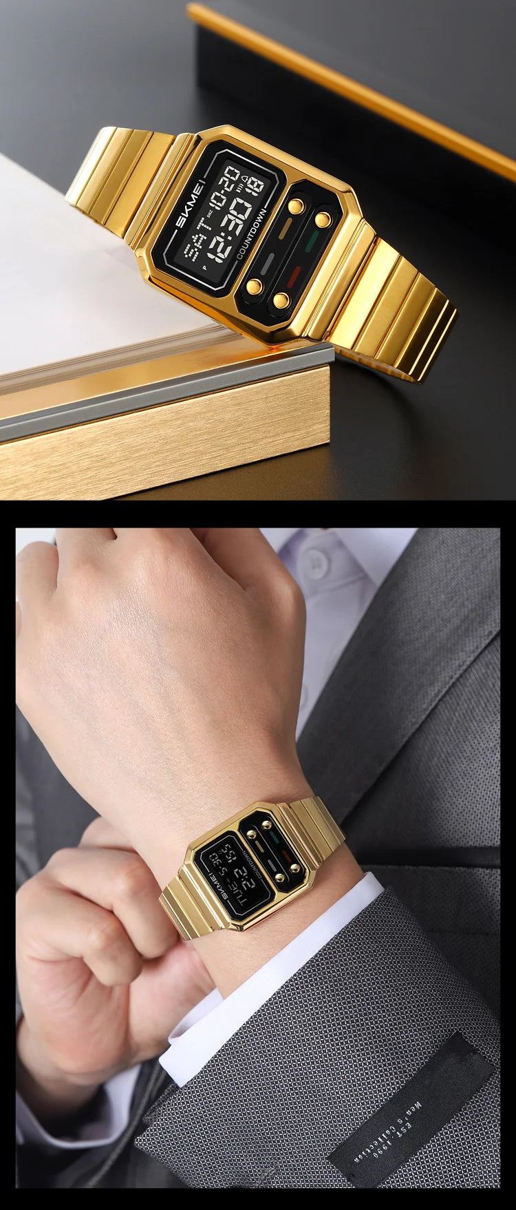 SKMEI 2448 Fashion Men Electronic Watch Vintage Business Luminous Calendar Waterproof Steel Strap Casual Digital Watches for Man