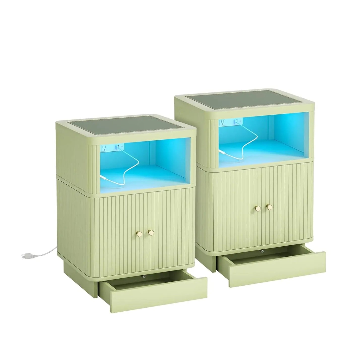 Night Stand With Charger Station, Modern Nightstand Set Of 2 With Hidden Drawer, Saddle Leather Top, Smart LED, And, Customized