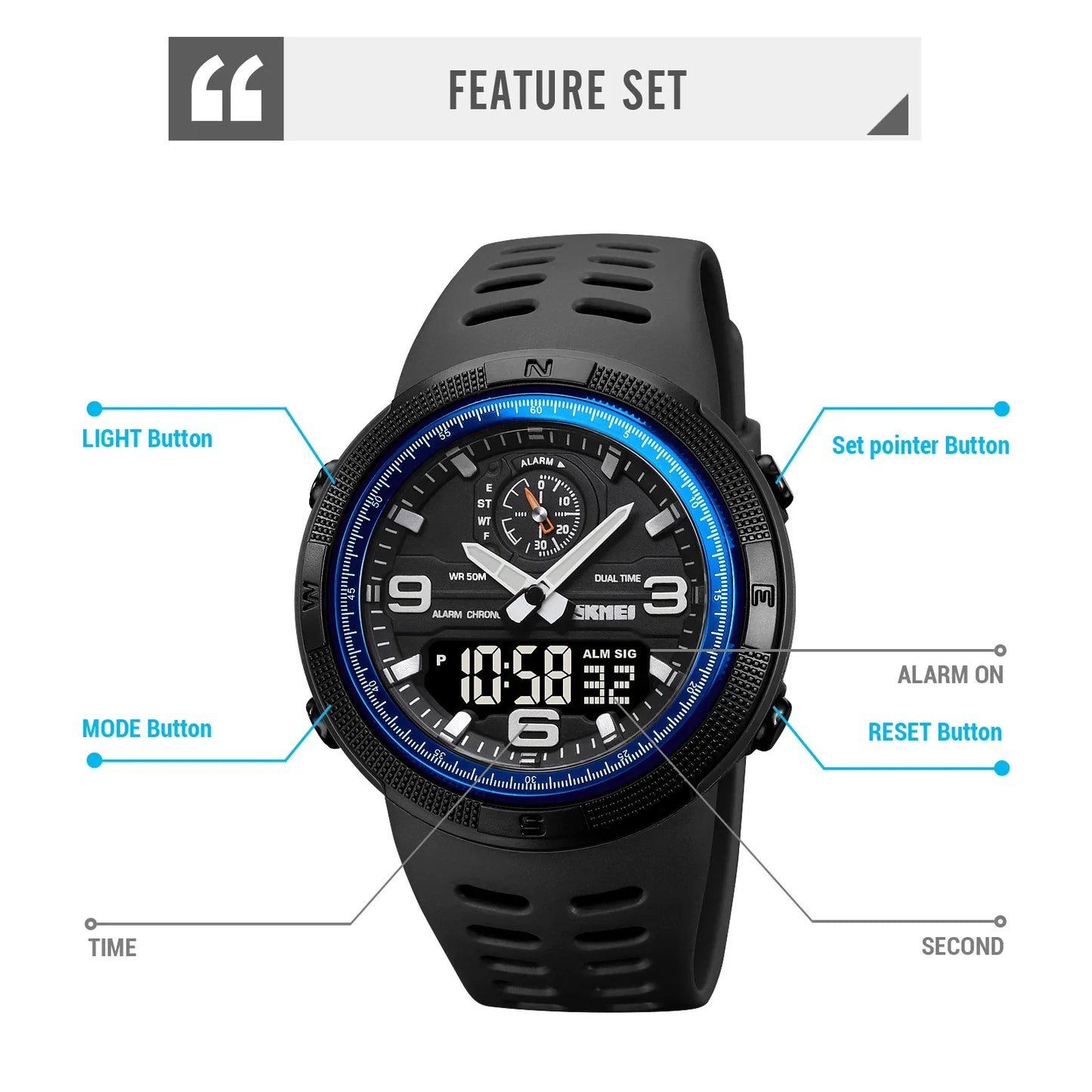 SKMEI  Outdoor Sports Men's Electronic 1655 Watch Dual Display Multi functional Waterproof Student Exploration Watch