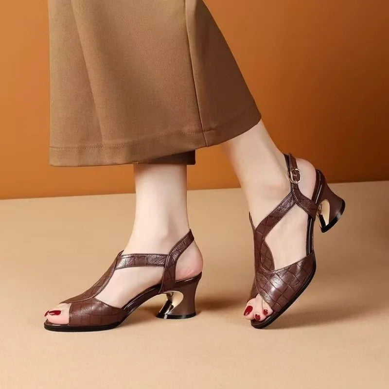 Women's Chunky Heel Sandals 2026 Summer Peep Toe Ankle Strap Buckle Comfy Soft Sole Faux Crocodile Leather Retro Office Shoes