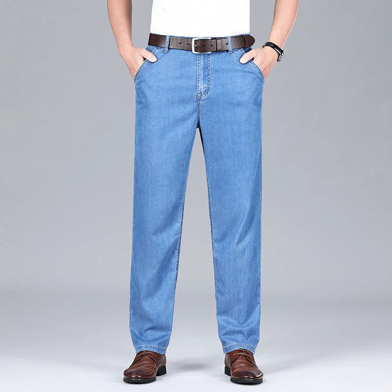 2026 Summer Brand Clothing New Men's Straight Loose Business Casual Lightweight Jeans Classic Embroidered Elastic Denim Pants