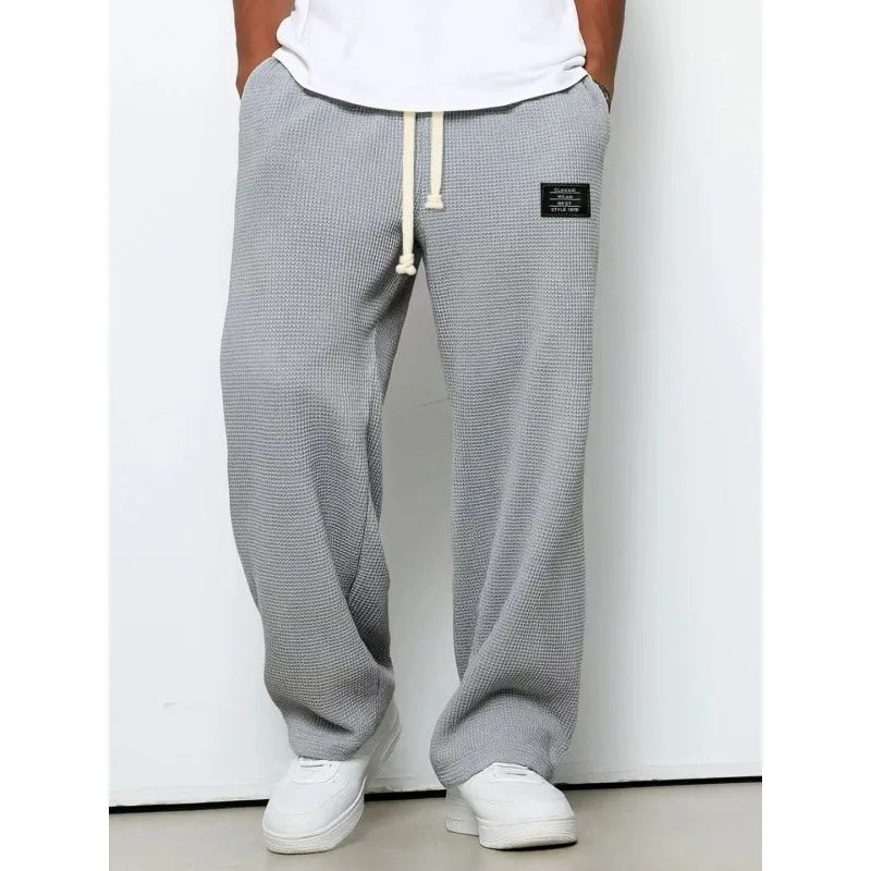 Men Waffle Knit Wide Leg Pants Elastic Drawstring Casual Trousers Loose Streetwear Workout Jogger PantsS-4XL