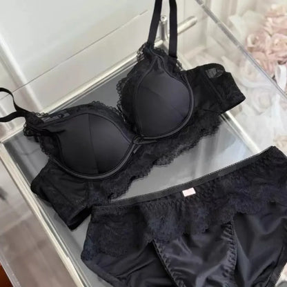 French Style Lace Satin Splice Bra Set Women Small Chest Gathered Lift Up Comfortable Soft Daily Underwear Lingerie Suit 32-38AB