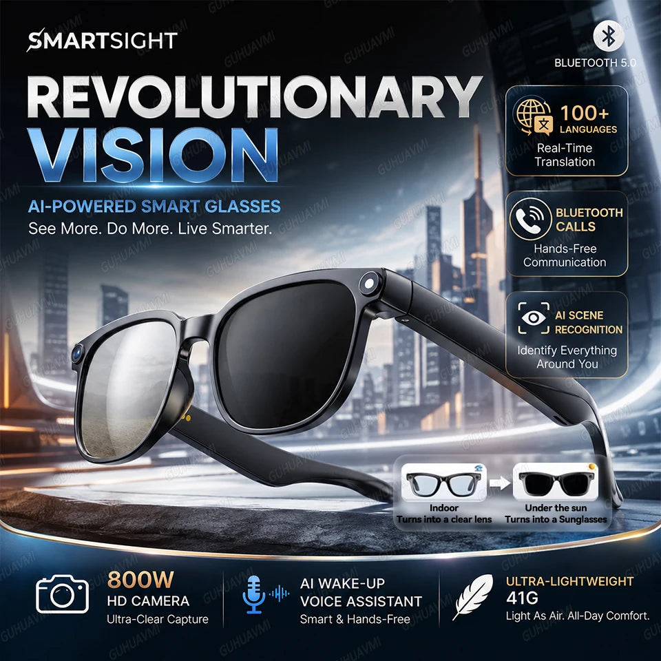 New HD 800W Camera Smart Glasses Men 100+Language Translation 1080P Shoot Video WIFI Transmission 3D Music Call Sunglass Glasses