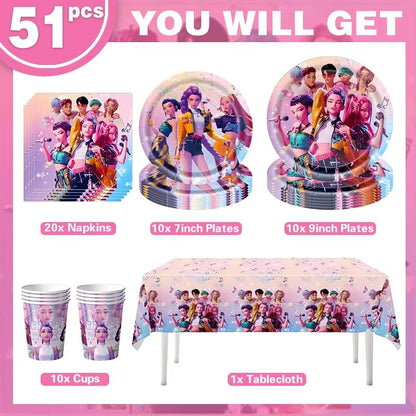 K-pop Kids Birthday Party Supplies All-in-One Decor Set-Paper Tableware Cups Candy Box Gift Bags Banner for Festive Celebrations