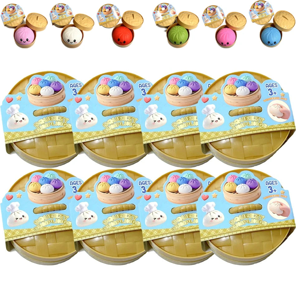 Colorful Dumpling Squishes Stress Balls Fidget Sensory Toys Simulation Food Squishies Bun with Steamer Squeeze Dough Ball Gifts