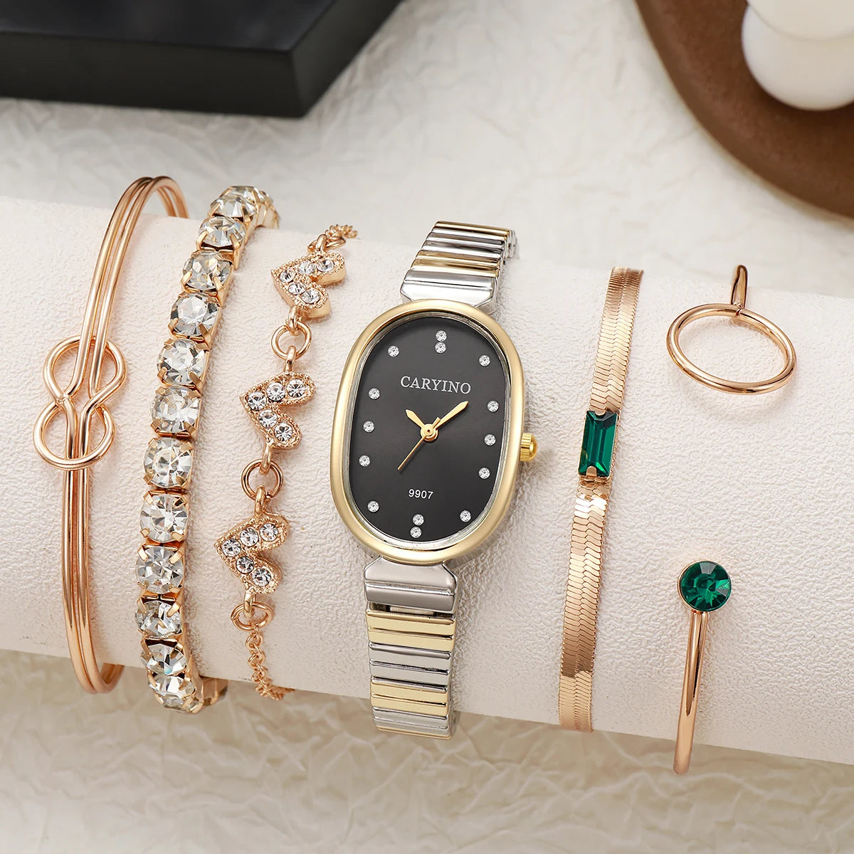 Elegant Two-Tone Watch & Jewelry Set - Oval Black Dial Watch, Crystal Stackable Bracelets & Emerald Accent Ring, Sophisticated L