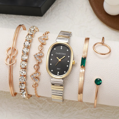 Elegant Two-Tone Watch & Jewelry Set - Oval Black Dial Watch, Crystal Stackable Bracelets & Emerald Accent Ring, Sophisticated L