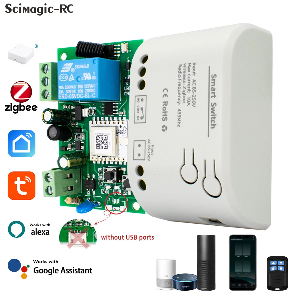Zigbee 3.0 Tuya 1 Channe Smart Relay Module Smart Life Switch Controller 12V 24V 220V 230V Dry Contact NO NC COM Inching Timer