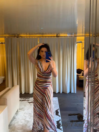 Summer Sleeveless Striped Spaghetti Strap Women Dress Irregular Tight Vacation Vestidos V-neck Fashion Long Skirt Loose  2026