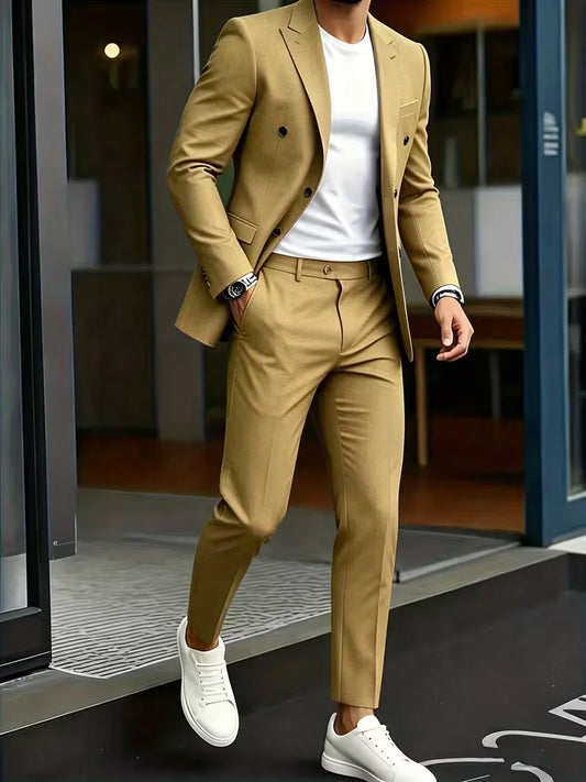  Hot Trend Mustard Yellow Double Breasted Men Suit 2PCS Luxury Slim Fit Blazer Pants Stylish Daily Party Dating Outfit