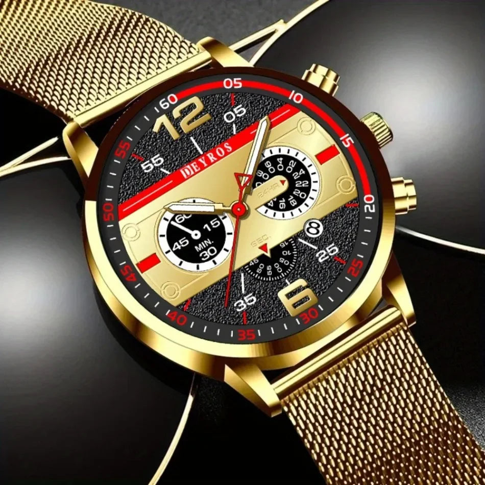 DEYROS Luxury 1/6 Pcs/ Set Men's Watch Set Quartz Outdoor Mesh Alloy Strap Trendy Style Men's Watches Gift Ideas