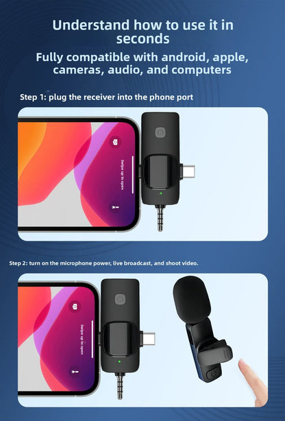 Wireless Lavalier Microphone 1 to 2 with Reverb Monitor Auto Noise Reduction for Video Live Streaming Vlog