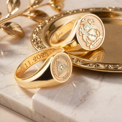 Family Crest Signet Ring Custom Image Logo Engraved Wax Seal Ring Inner Text Engraving 18K Gold Plated Heirloom Jewelry Gifts
