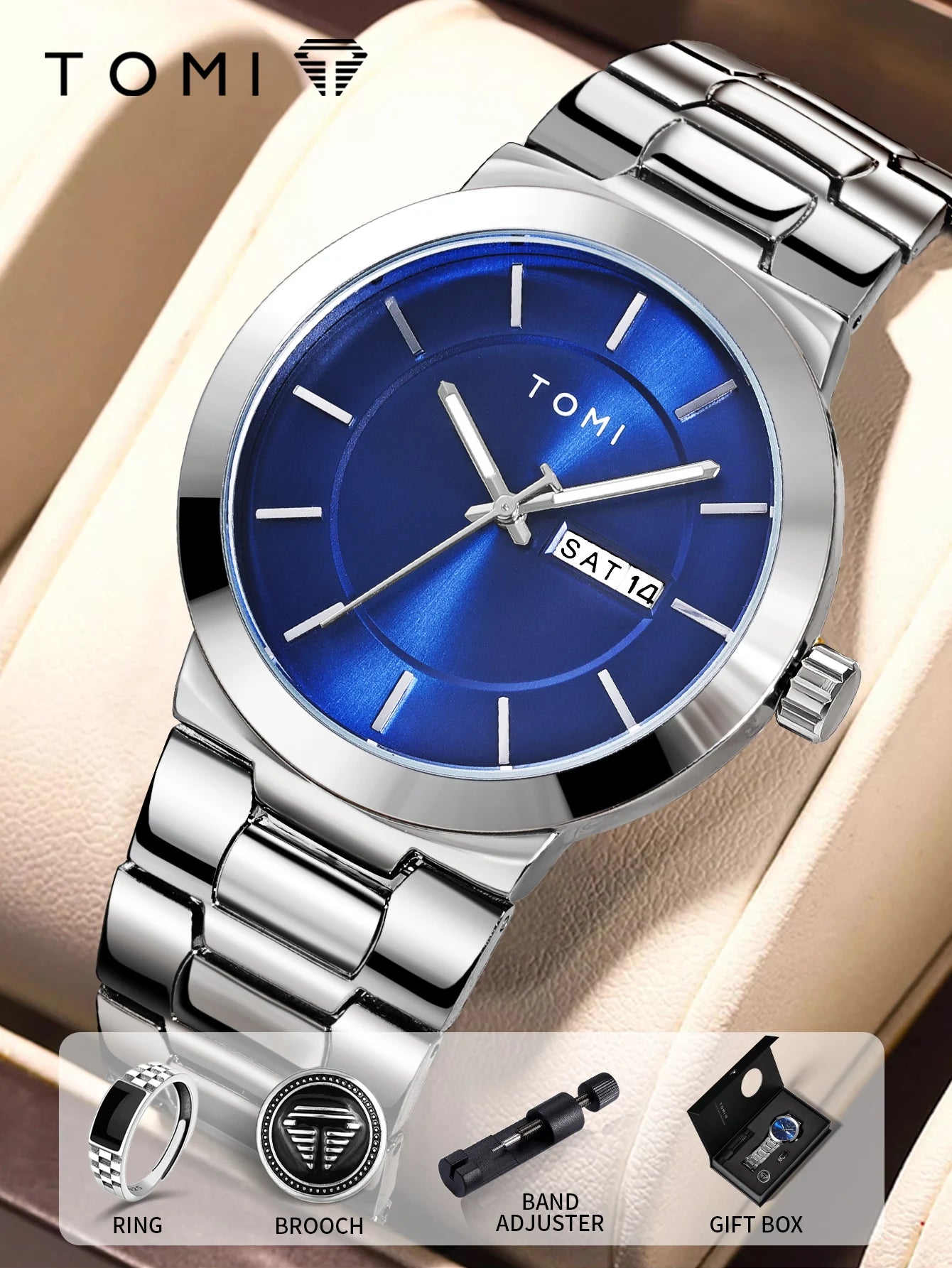 TOMI Luxury Business Men's Watch Gift Box Set Lapel Box Trendy Simple Multi-functional Quartz Watch Men's Watch Christmas