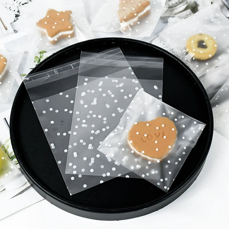 100pcs Plastic Transparent Cellophane Bags Polka Dot Candy Cookie Gift Bag Self Adhesive Candy Bags for Wedding Birthday Party