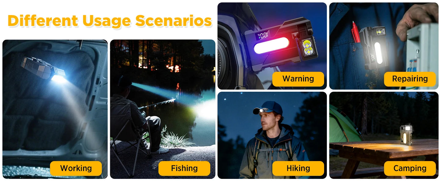 COB+XPE Dual Light Flashlight, 1200LM Adjustable Head with Magne t& Clip,USB Rechargeable Mini Work Light for Camping Hiking EDC